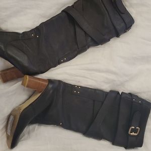 Chloe tall boot with gold detail and wood heel